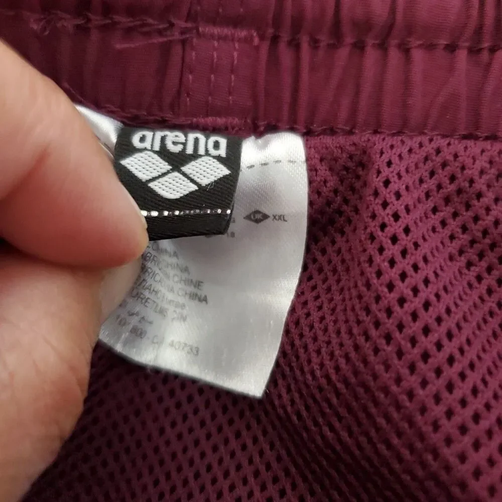 Arena Mens Swim Trunks Maroon Burgundy Blue Logo Elastic Waist Pockets Size M